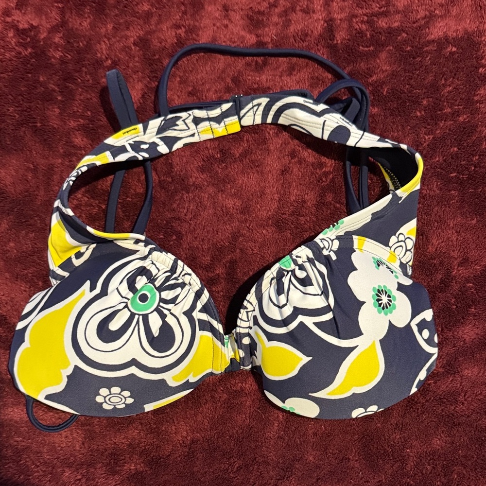 Floral Print Halter Bikini Top - Navy and Yellow